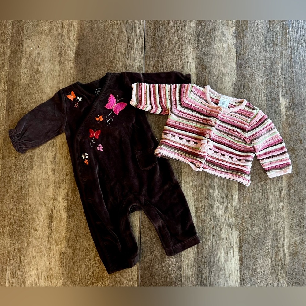 Lot of 3-6mo Baby Gap Brown velour one piece and 3-6mo Gymboree Striped Sweater